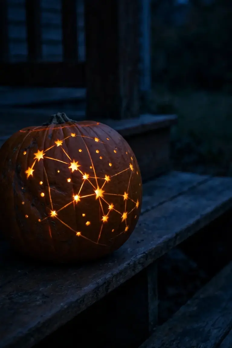 Pumpkin carved with a constellation of drilled star holes joined by faint etched connecting lines