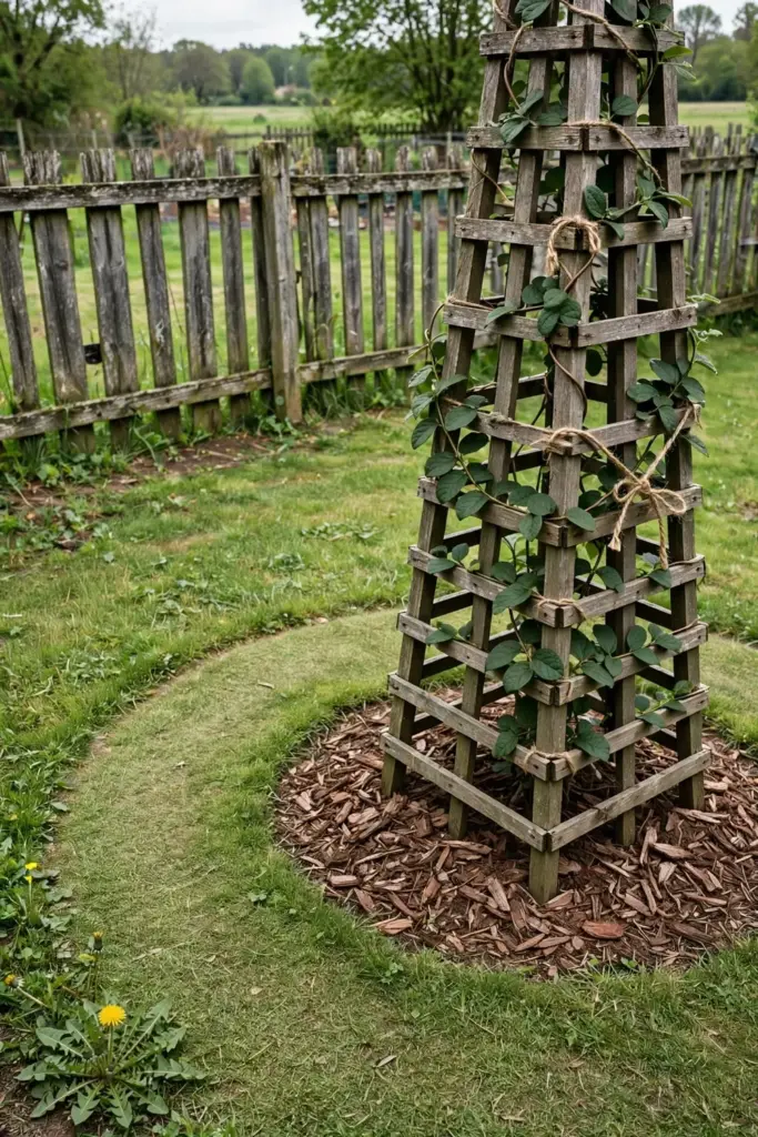 Young honeysuckle vine on a wooden obelisk with a clear patrol path around the base