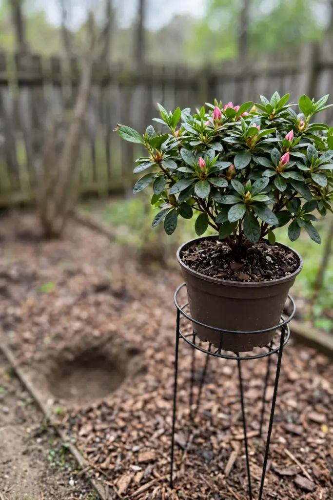 Container plant on a raised stand above a garden bed