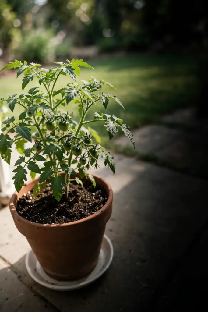 Healthy tomato plant in a container of fresh sterile potting mix on a patio.