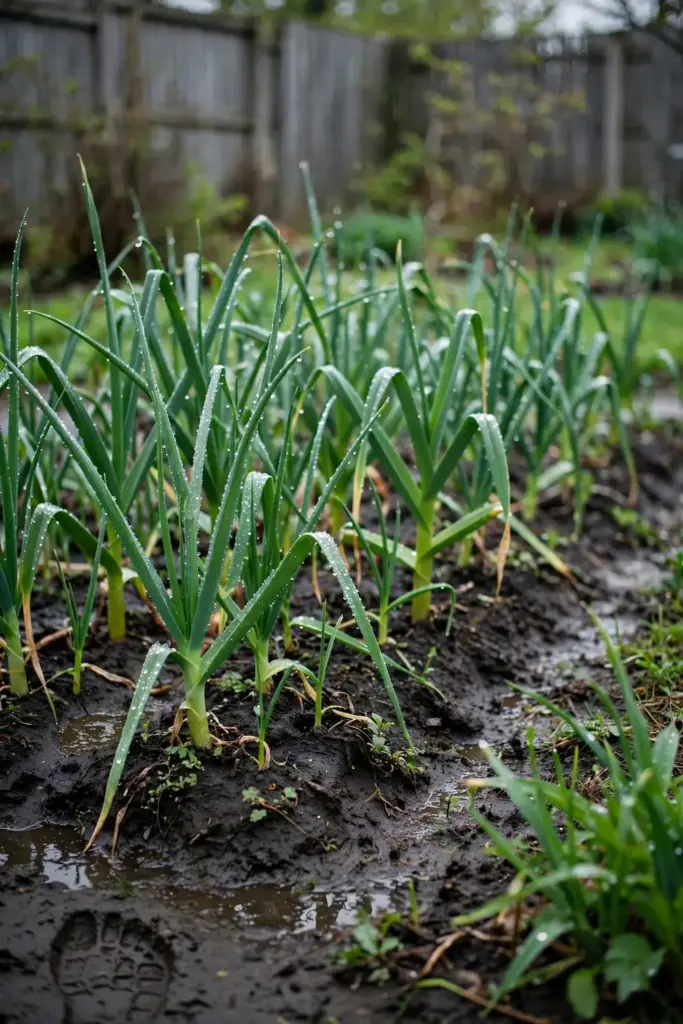 Cool moist allium bed under overcast sky, prime white rot conditions.