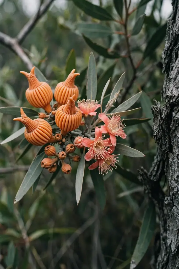 Orange barrel buds and coral-pink flowers on a coral gum branch