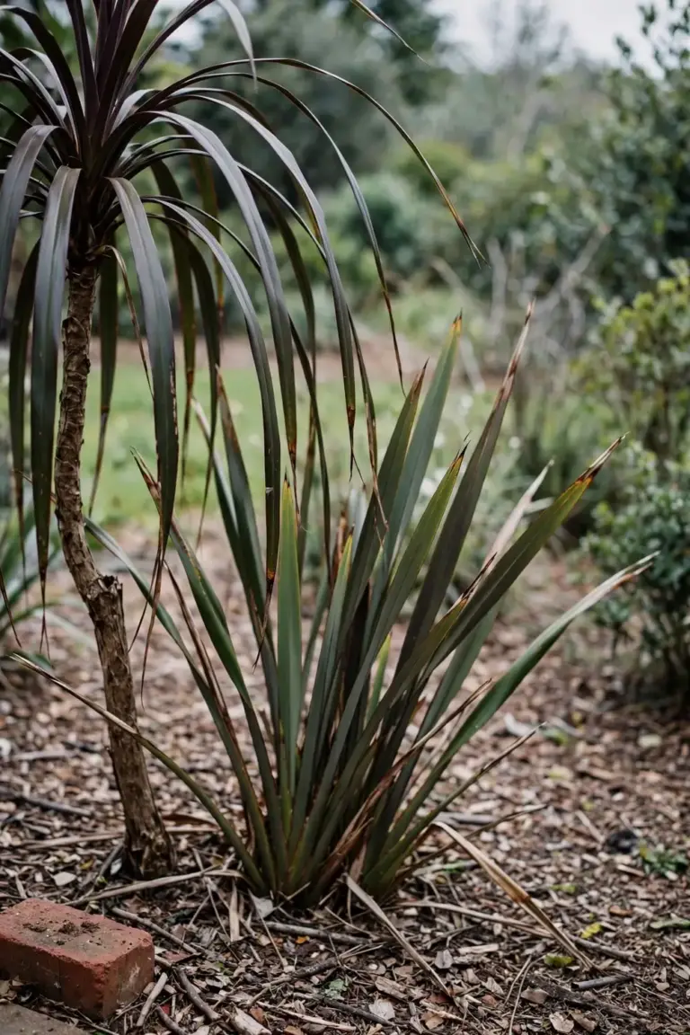 Cordyline with arching strap leaves beside a New Zealand flax fan of straps