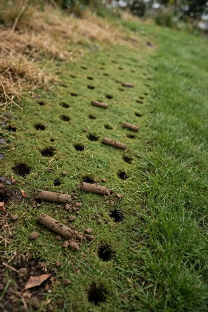 Lawn dotted with core aeration holes and short cylinders of soil plugs.