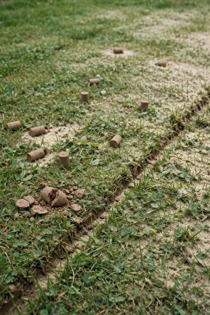 Lawn dotted with soil aeration plugs under a thin layer of sandy top-dressing