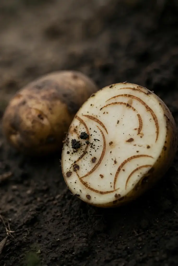Halved potato tuber showing brown corky arcs through the pale flesh.