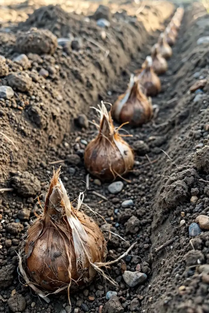 Saffron corms set point-up in a shallow planting trench