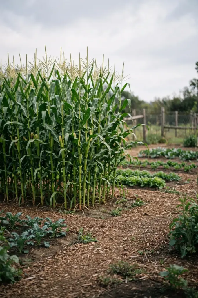 Tall corn block in open sun with a mulched path around the bed