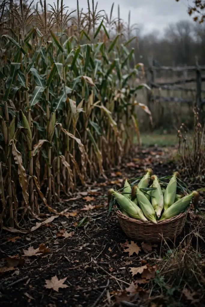 Basket of fresh corn cobs beside a tall corn block at harvest