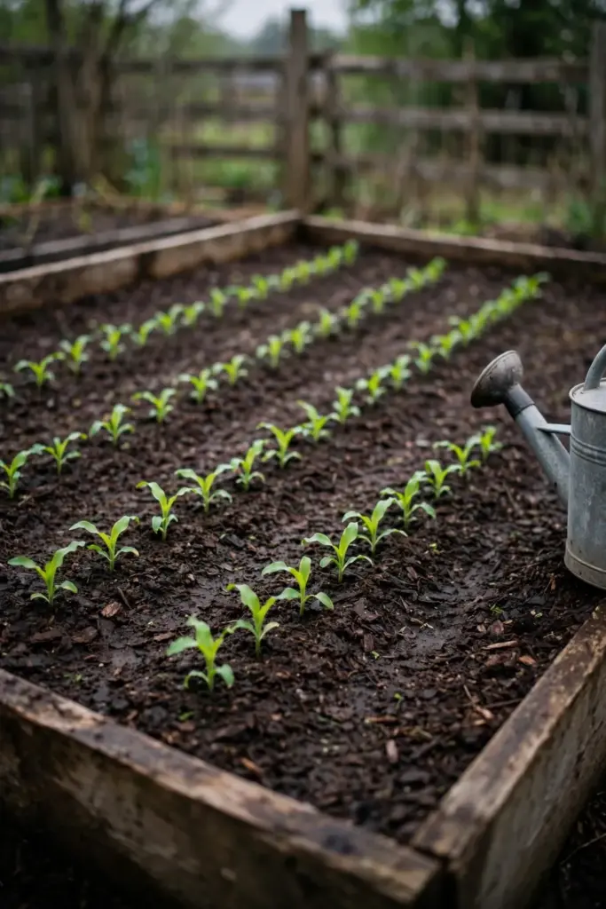 Young corn seedlings in a block of short rows with even spacing