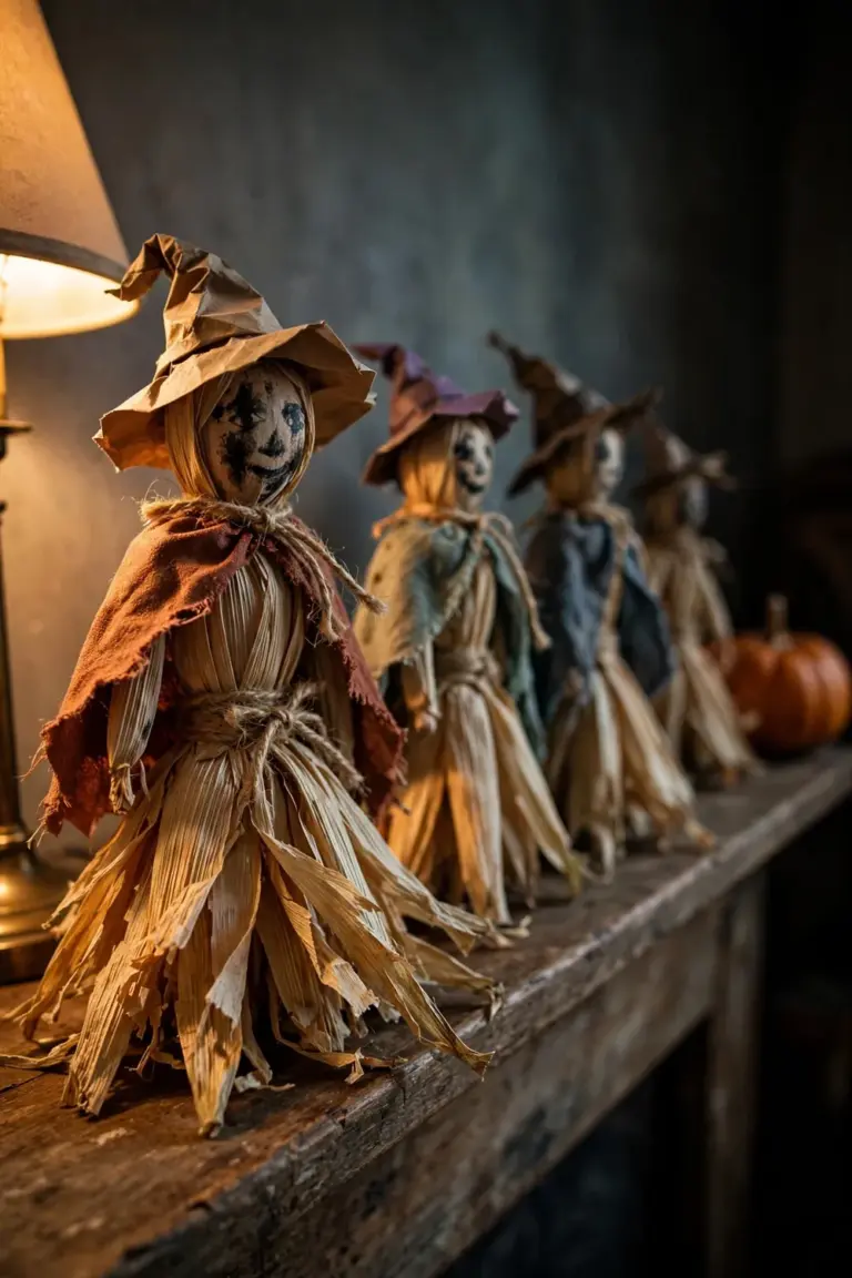 Handmade corn husk dolls in fabric capes and paper witch hats in a row on a mantel