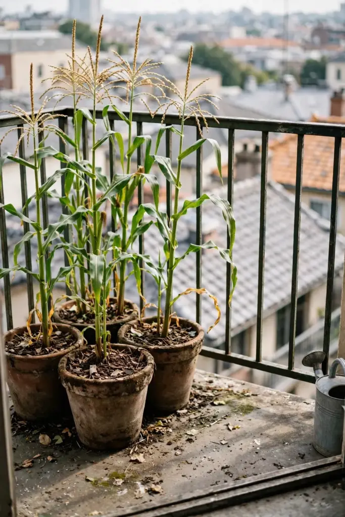 Potted corn plants grouped in a block on a sunny balcony