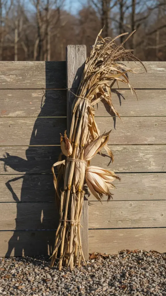 Dried corn stalk bundle wired to a fence post