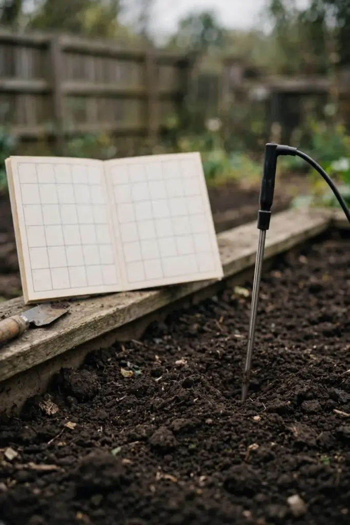 Soil temperature probe in a prepared corn bed beside a sowing calendar