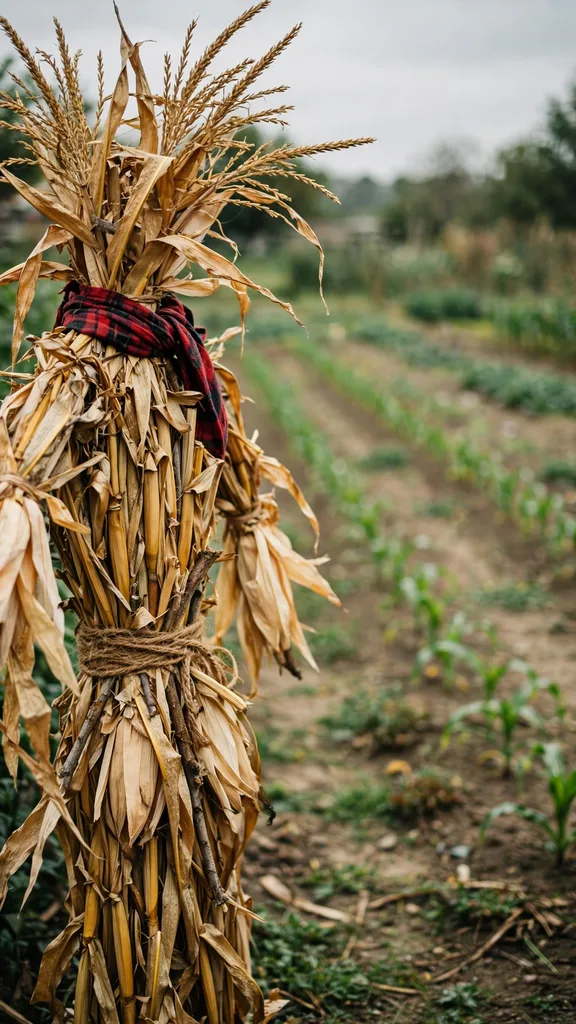 A scarecrow figure built from dried corn stalks standing in a garden