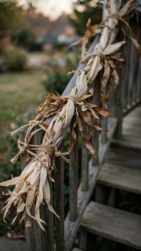 A garland of corn husks and short stalks woven along a porch railing