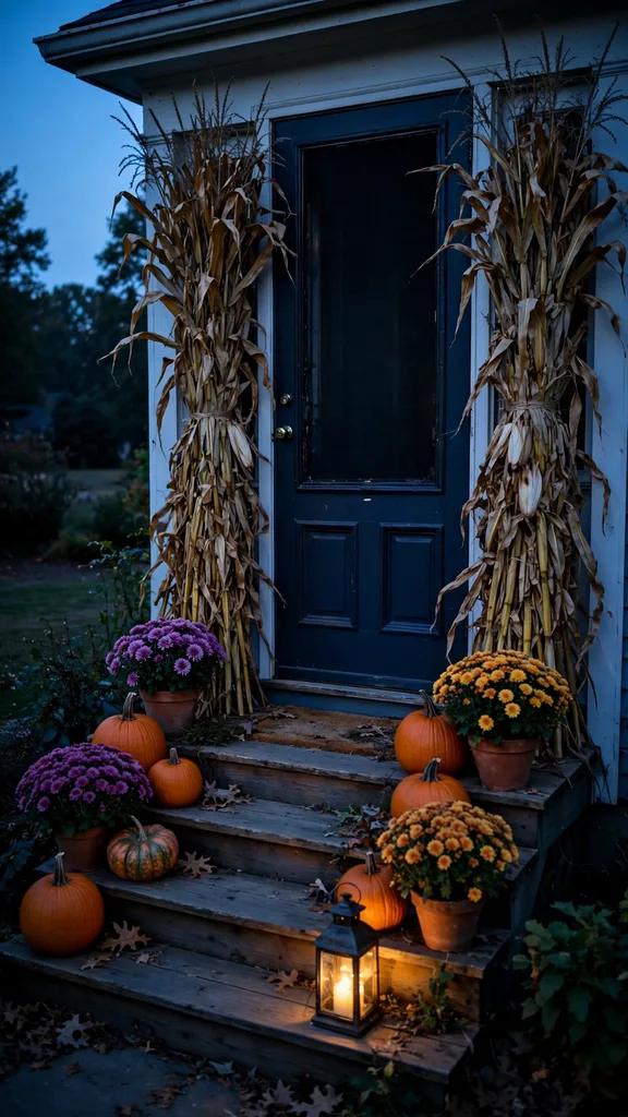 Corn stalk bundles flanking a front door with pumpkins and mums on the porch steps at dusk