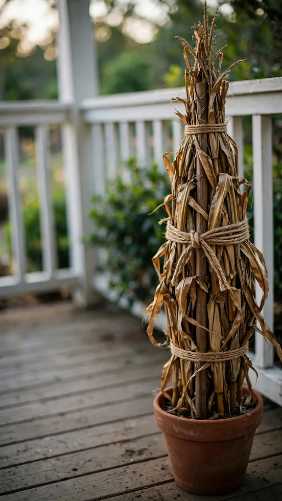 A corn stalk topiary cone standing in a pot on a porch