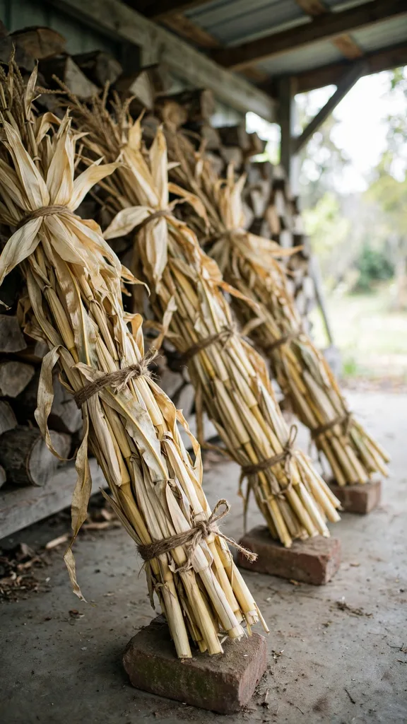 Corn stalk bundles leaning under a porch roof to cure, off the ground