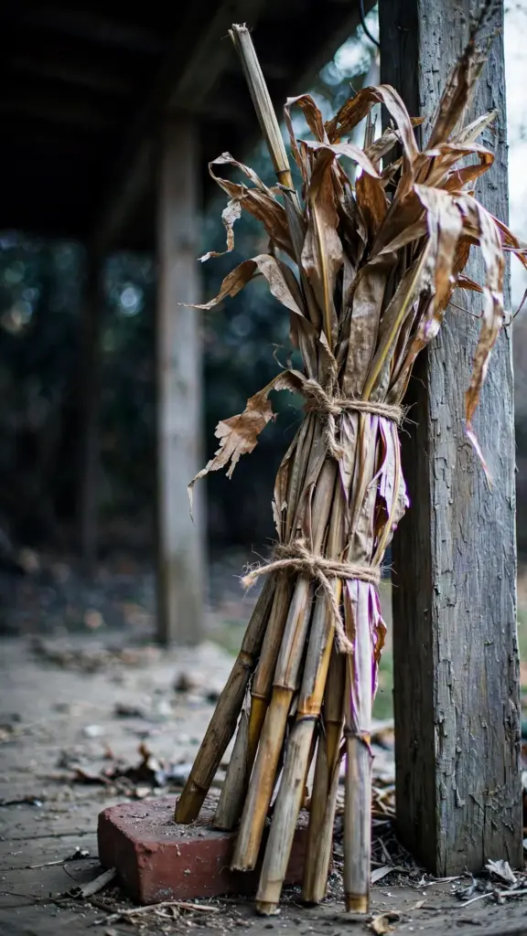 Corn stalk bundles lashed with jute twine to a porch post