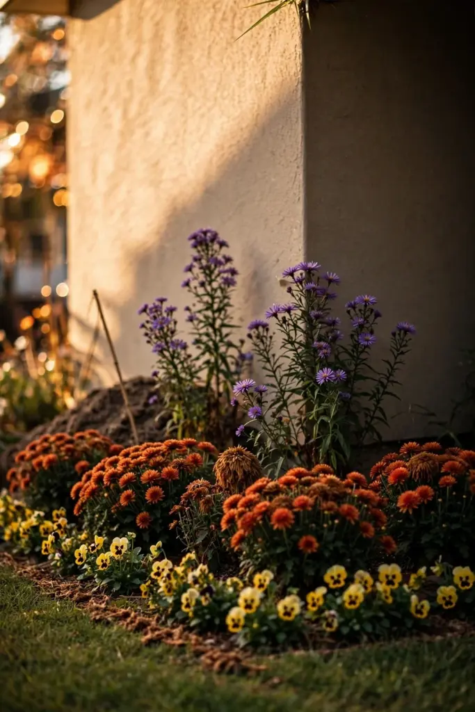 Layered corner bed: tall asters behind, mums mid, pansies front