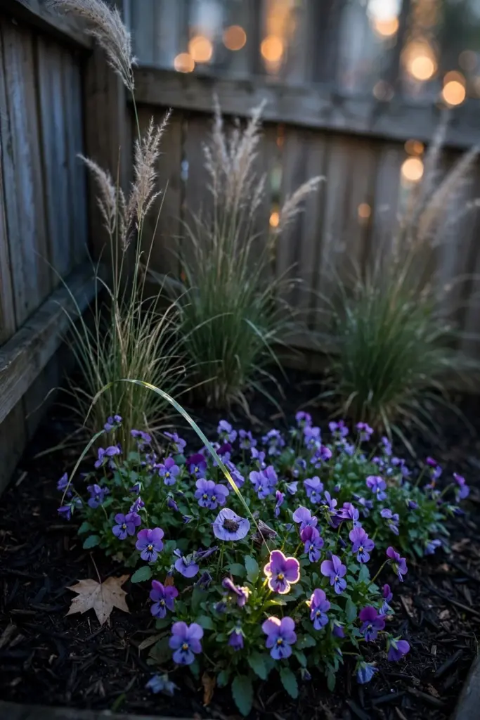 Fence corner bed: grasses behind, violas in front, fresh mulch