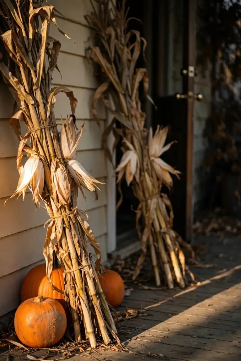 Two dried cornstalk bundles tied with twine framing a front doorway, pumpkins resting at the base
