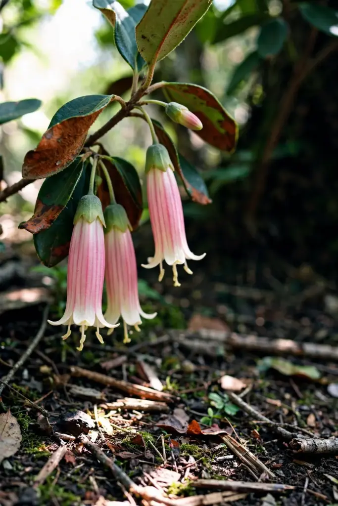 Correa hanging bell flowers in pink and green with leathery leaves