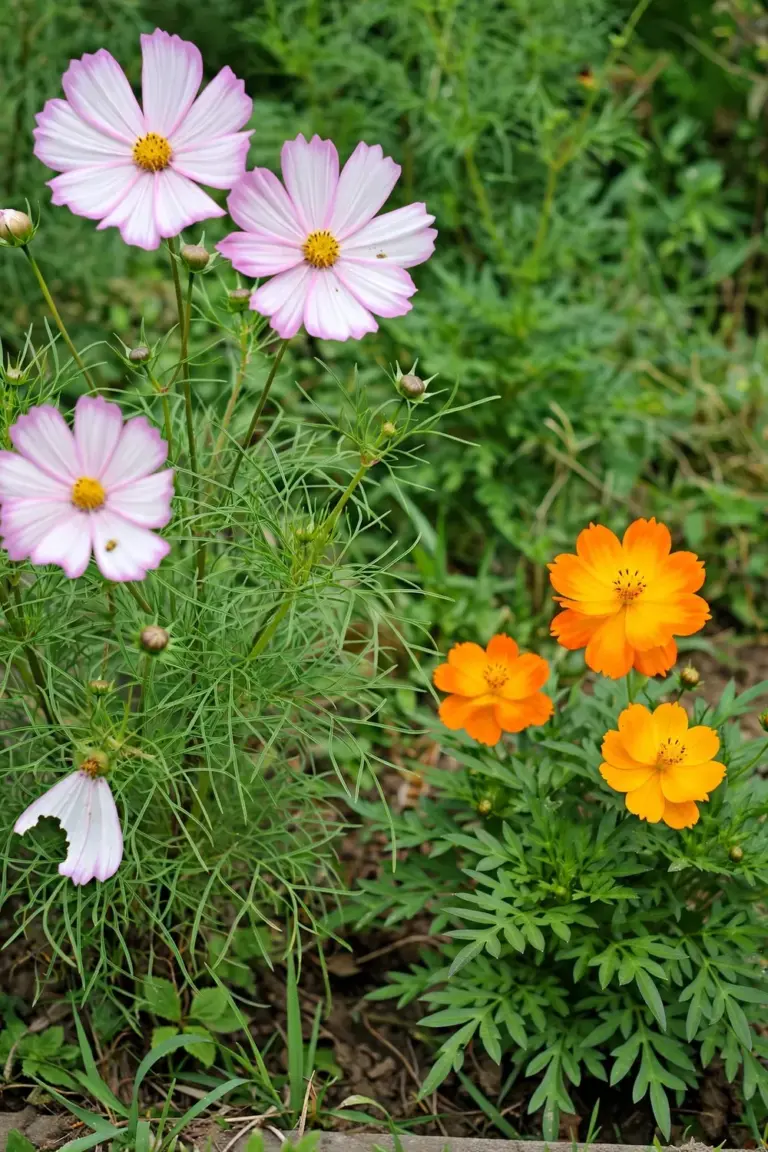 Tall pink garden cosmos beside shorter orange sulphur cosmos in a border