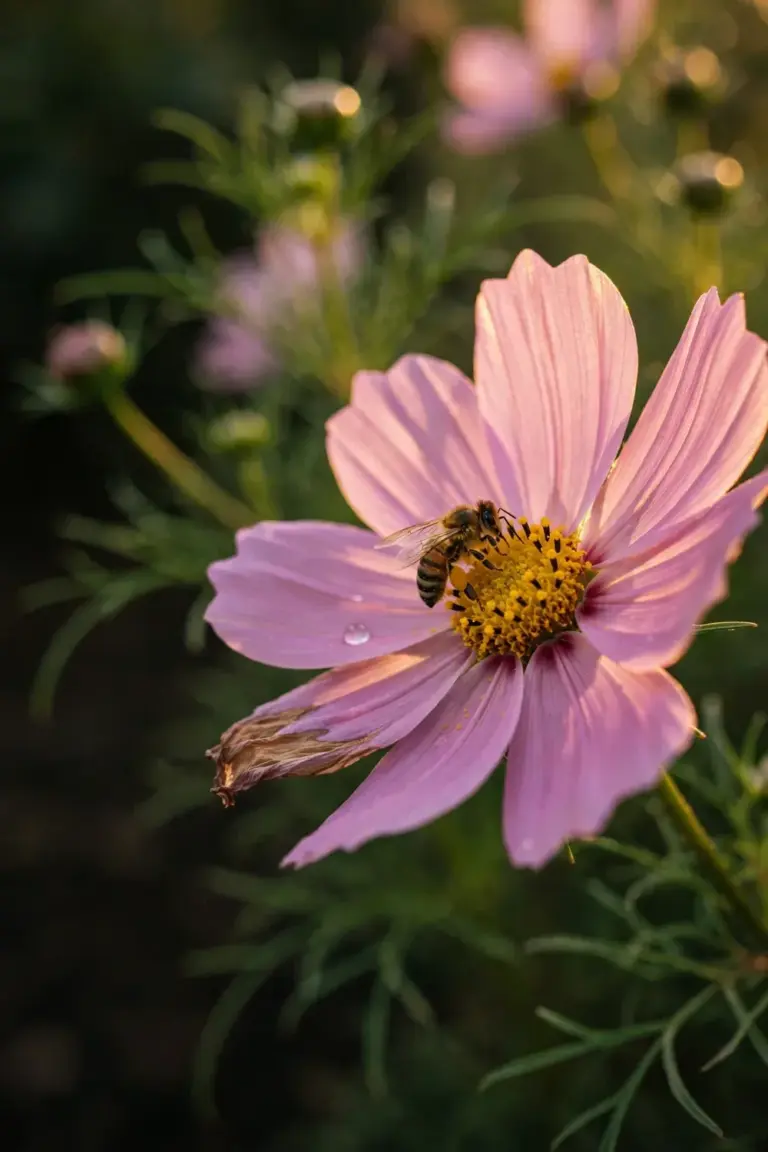 Honeybee on a pink cosmos flower with pollen-dusted center