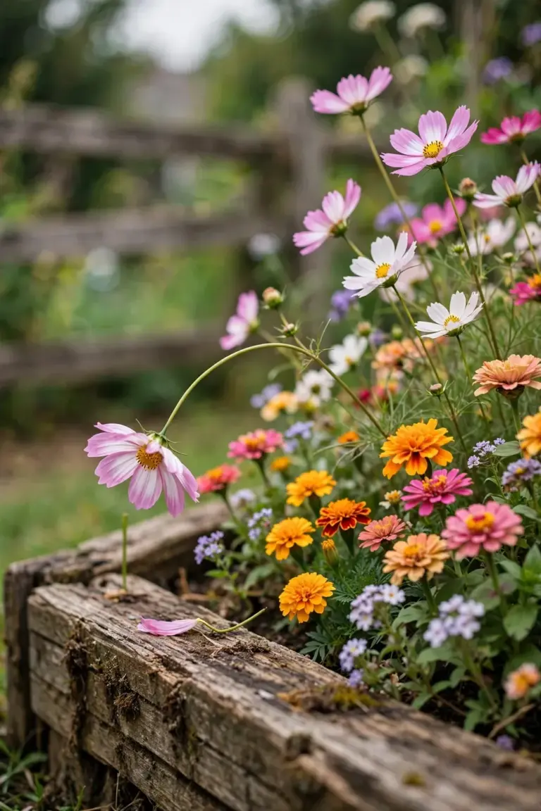 Cottage garden border with cosmos rising above zinnias and marigolds