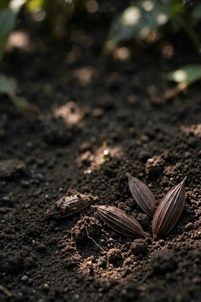 Cosmos seeds pressed into dark garden soil, covered lightly
