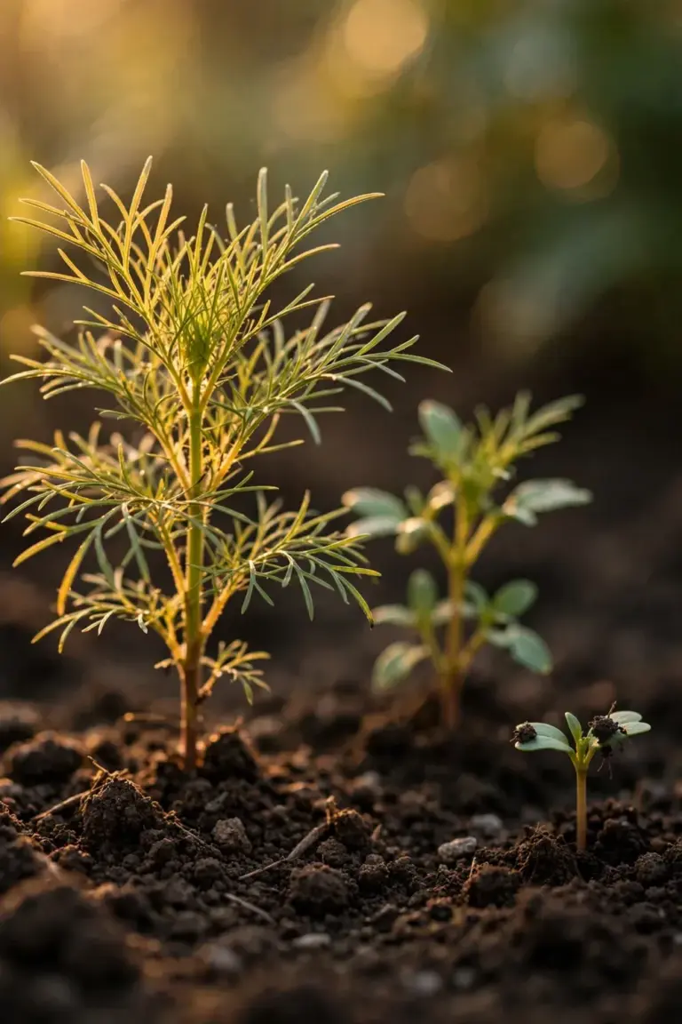 Cosmos seedlings at three growth stages in a single row