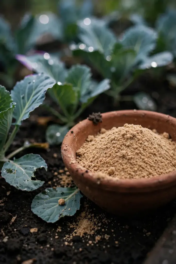 Tan cottonseed meal in a bowl beside young cabbage transplants