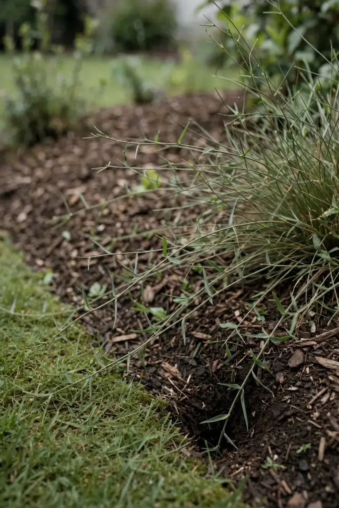 Couch runners creeping from a lawn into a mulched garden bed