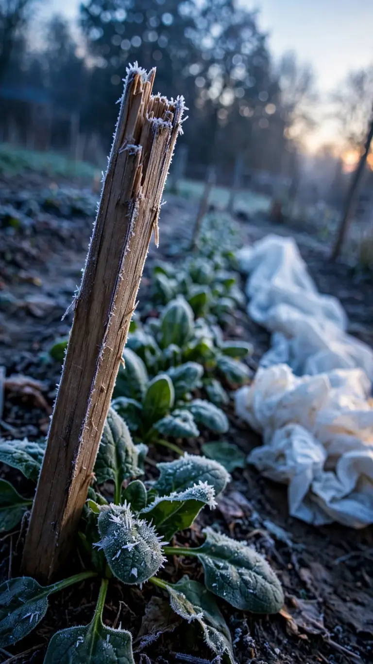 Frost-rimmed fall bed at dawn with a blank wooden stake marking a row