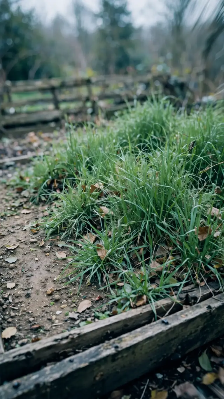 Wide bed of young winter rye cover crop greening an empty bed