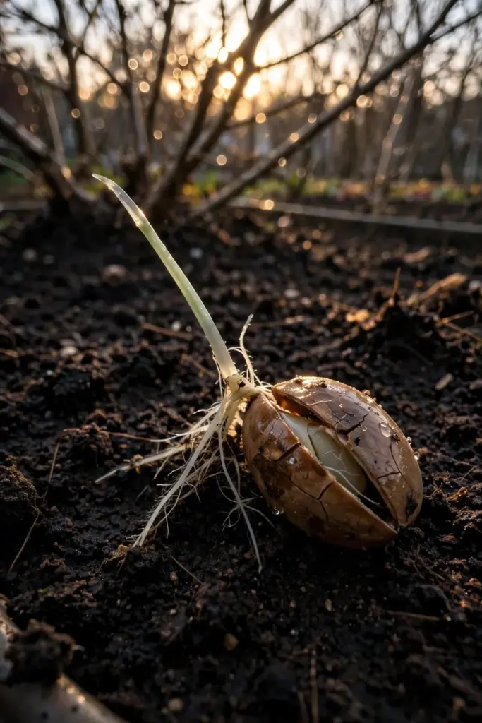 Split cover-crop seed sprouting on dark moist soil with white rootlets