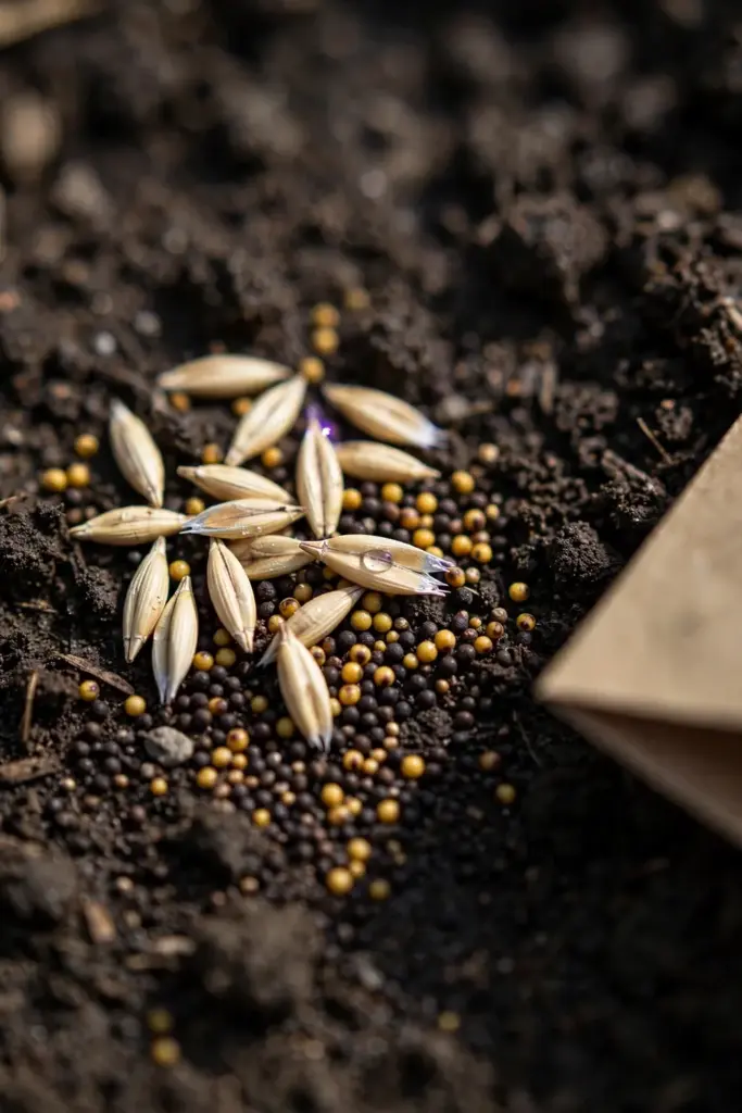 Cover crop seeds scattered on dark soil with paper seed envelope at edge