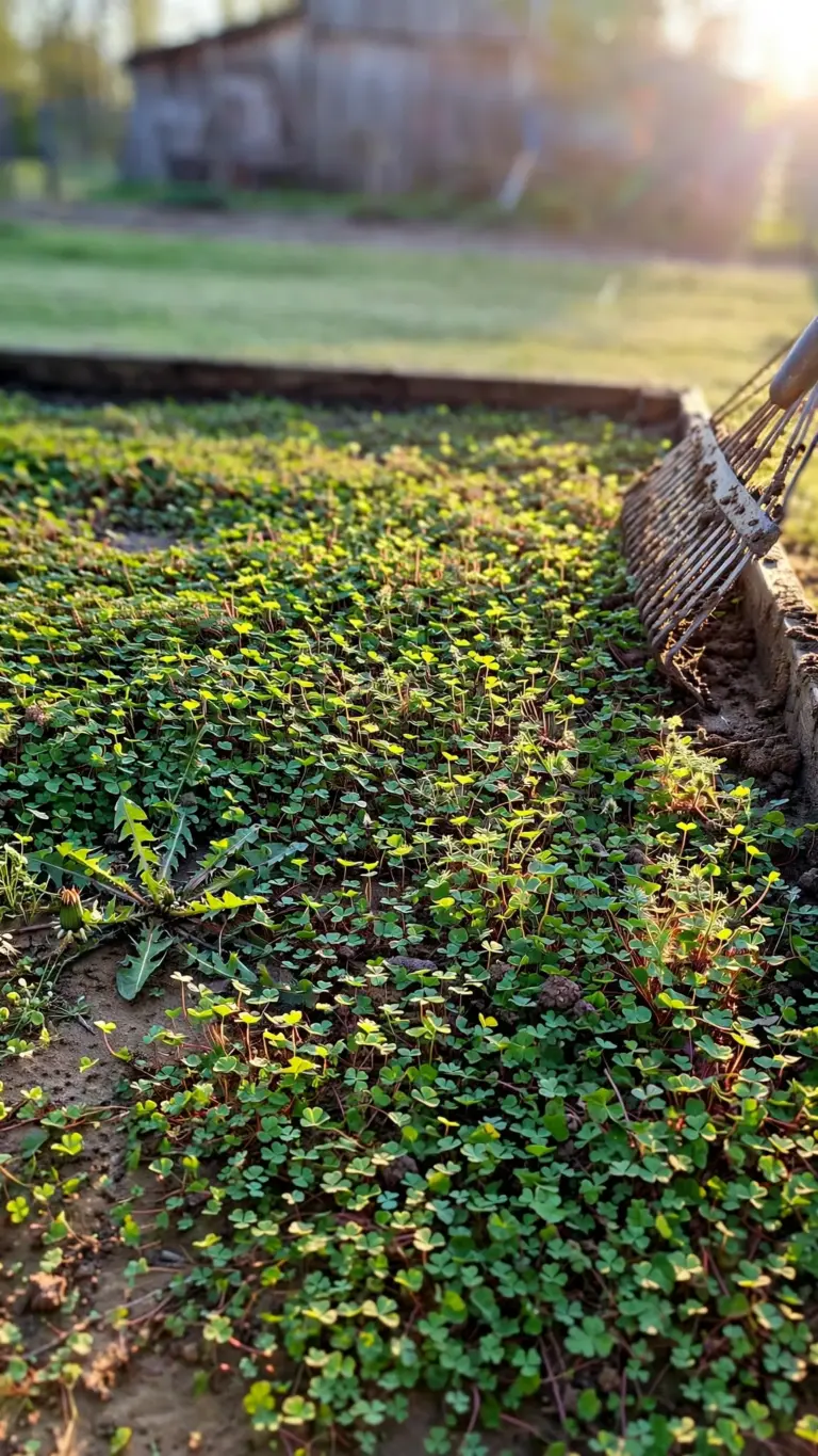 Wide bed of young crimson clover cover crop at low golden light