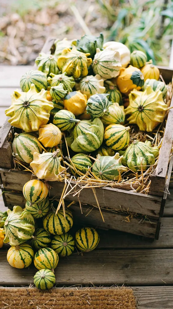 Wooden crate mounded with mini gourds and striped Crown of Thorns gourds