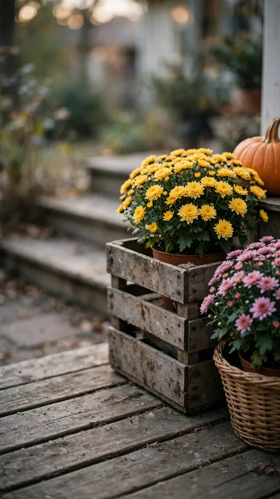 Mums displayed in a reused wooden crate and a woven basket on a porch