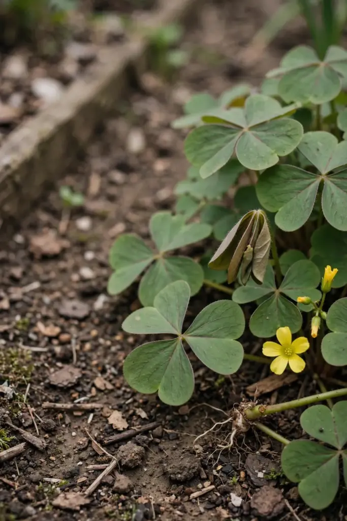 Creeping oxalis mat with heart-shaped leaflets and yellow flowers in a bed