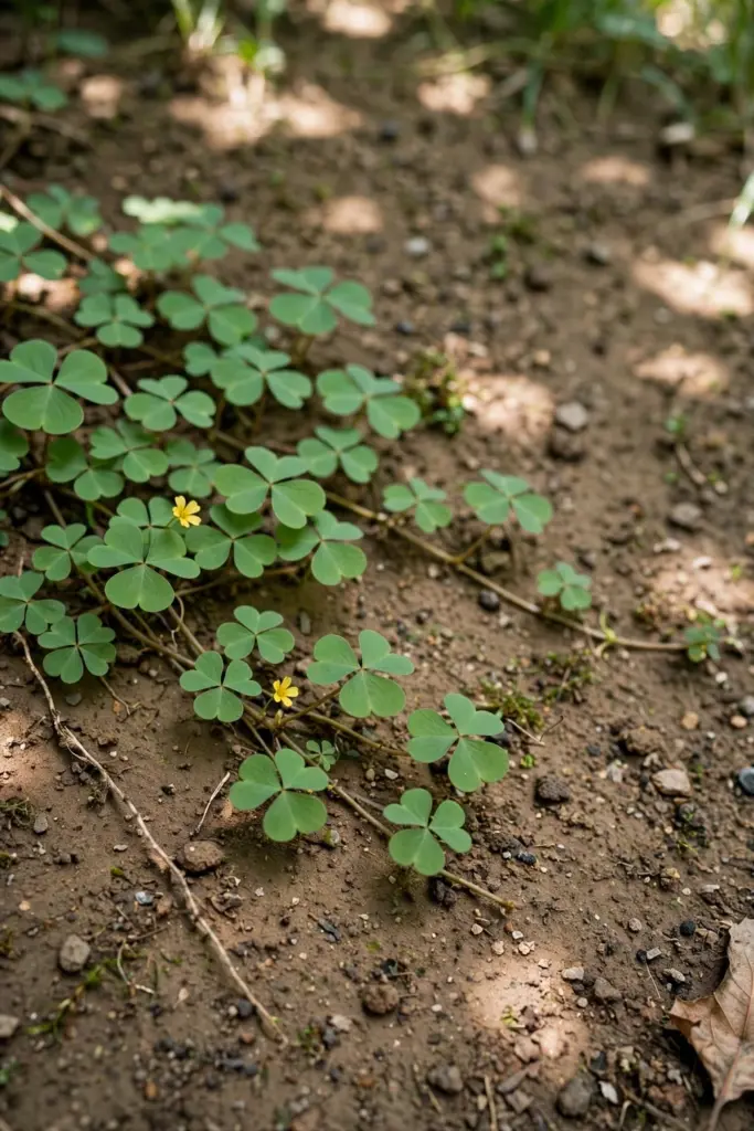 Creeping oxalis with heart-shaped leaflets and tiny yellow flowers creeping over soil