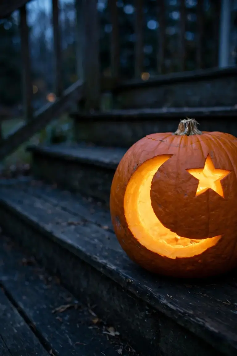 Carved pumpkin with a glowing crescent moon and a single sharp five-pointed star beside it