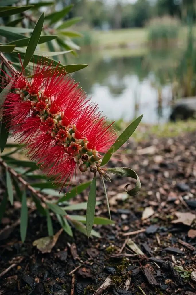 Crimson Bottlebrush spike with crimson stamens and stiff narrow leaves