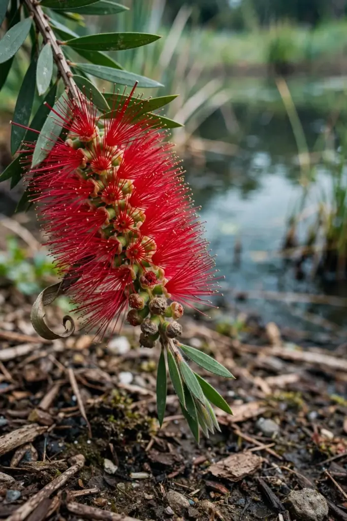 Crimson Bottlebrush spike with crimson stamens and stiff narrow leaves