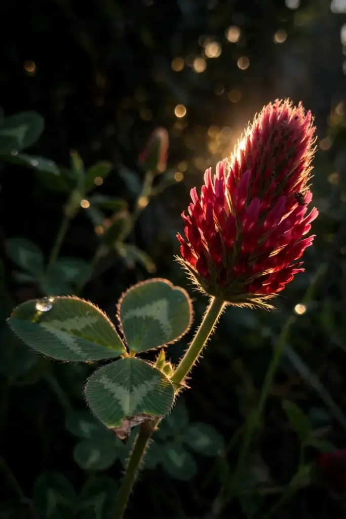 Crimson clover flower head and trifoliate leaf backlit, veins etched