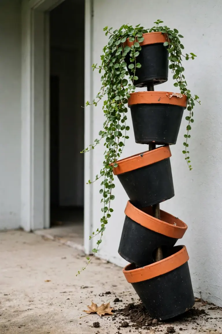 Five black pots with orange rims stacked into a crooked tower, trailing plant on top