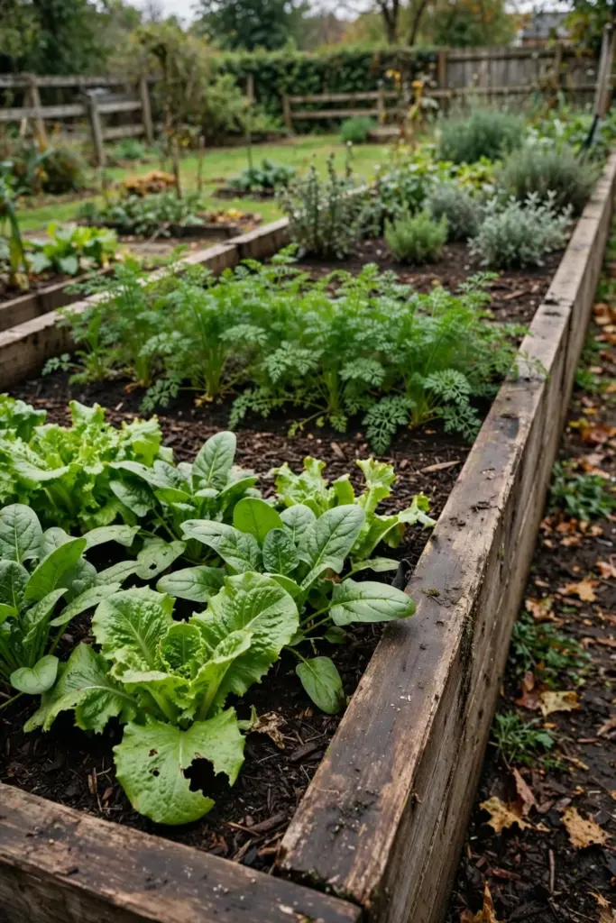 Raised bed in three sections growing leafy greens, carrots, and herbs